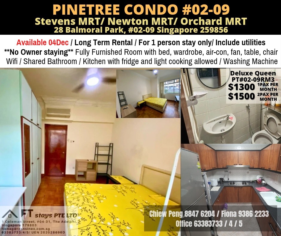 Near Newton MRT/Near Orchard MRT/Stevens MRT - Common Room for Rent 1-2 Pax, Pinetree Condo, Available 4 De - Stevens - Bedroom - Homates Singapore