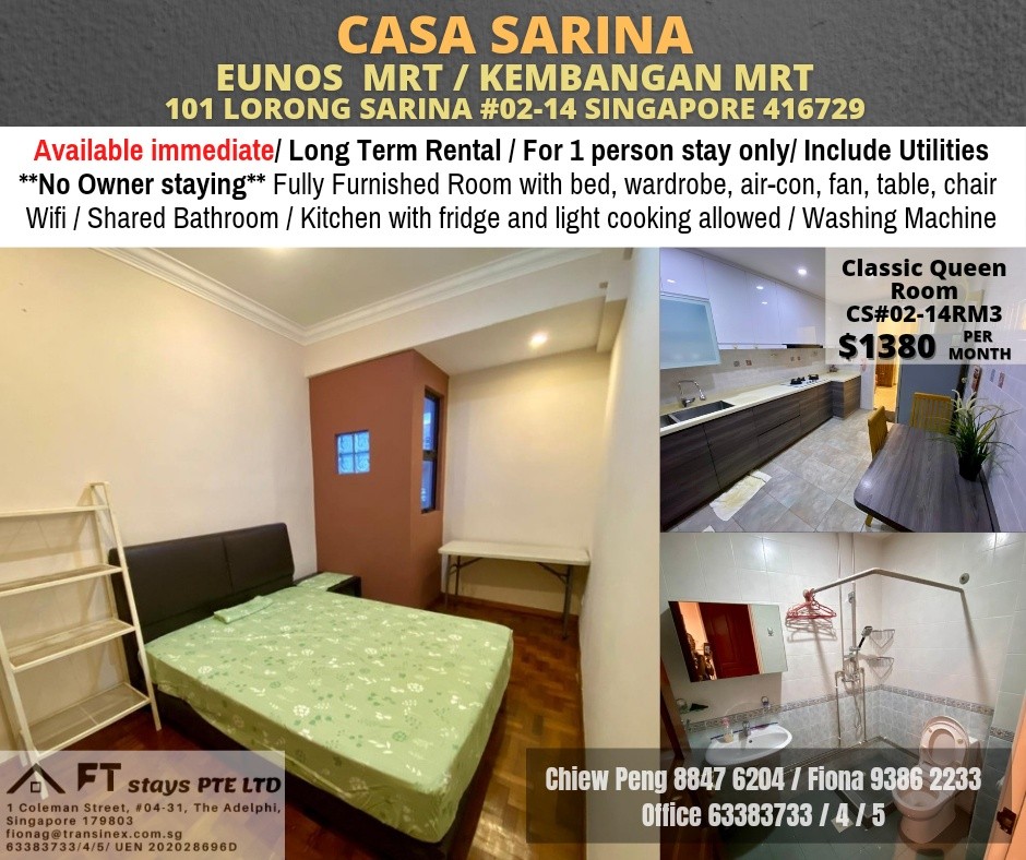 Kembangan MRT | Eunos mrt /Common Room for rent/ Casa Sarina for 1 Pax | Immediate Available | No Agent Fee - Kembangan 景万岸 - 分租房间 - Homates 新加坡