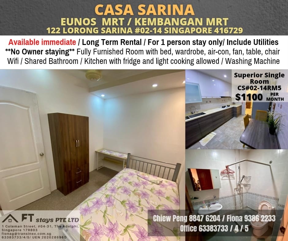 Kembangan MRT | Eunos mrt /Common Room for rent/ Casa Sarina for 1 Pax | Immediate Available | No Agent Fee - Kembangan 景万岸 - 整个住家 - Homates 新加坡