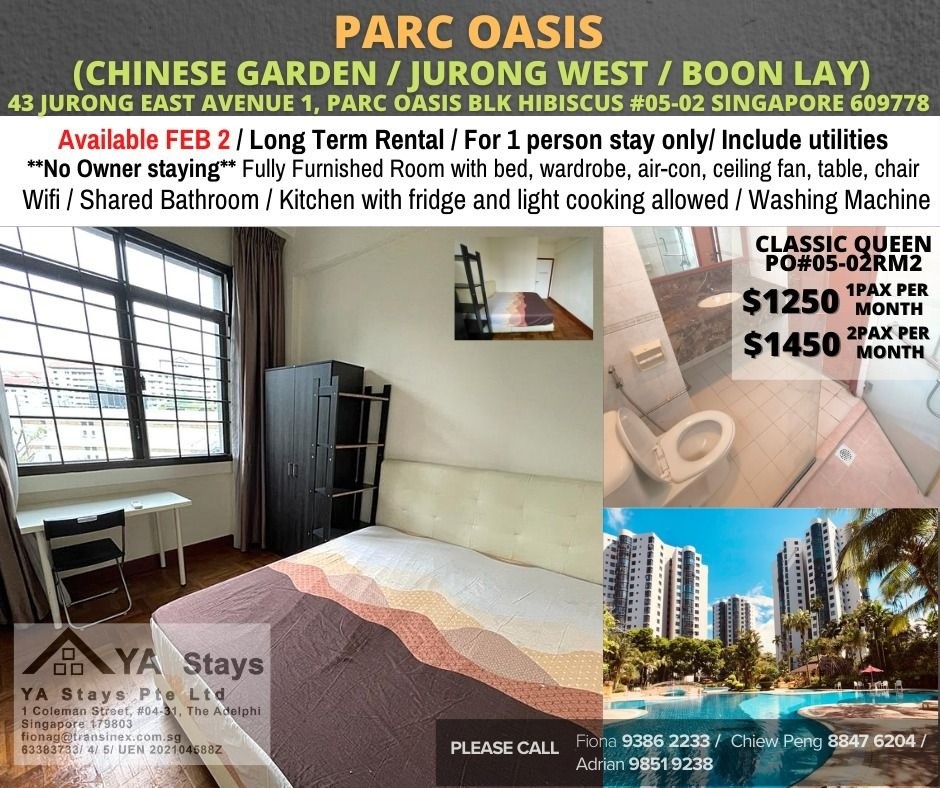 Room for rent Jurong West / Chinese Garden/Boon Lay/Common Room/Full facilities/Parc Oasis/ Available Feb 2 - Jurong East - Bedroom - Homates Singapore